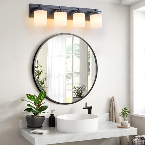 Modern Bathroom Light Fixtures Over Mirror, Vanity Lights for Bathroom Wall Sconces with Milky White Glass Shades, E26 Socket (Bulbs Not Included), 4 Light, Black - color: Black, size: 27.16 inch-4-Light