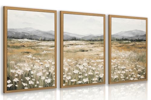 CAZLOUC White Wildflowers Wall Art Set of 3, Neutral Meadow Landscape Wall Decor, Minimalist Mountain Canvas Prints, Beige Rustic Field Paintings for Living Room Bedroom Wood Framed 12x16 Inch - color: Wildflower, size: 16"L x 12"W