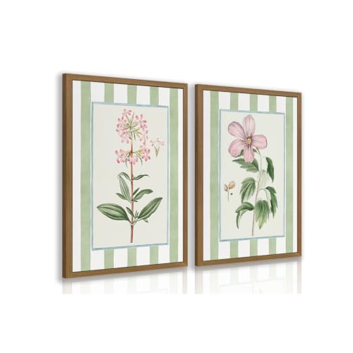RLKHG Wood Framed Vintage Botanical Wall Art Set of 2, Green Stripe Floral Poster Prints, Classic Botanical Illustration Wall Decor, Cottagecore Farmhouse Artwork for Bedroom Hallway 16x24 Inch - color: StripedPlant, size: 24"L x 16"W