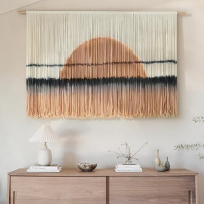 Macrame Wall Hanging Dip Dye Sunset Boho Wall Decor Fiber Art 57" W*35" L - color: Black and Brown