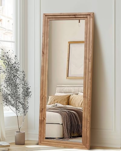 65x24in Full Length Mirror, 3-Tier Stepped Solid Wood Frame - color: Light Brown, size: 65"L x 24"W