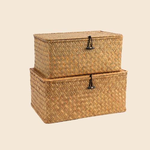 Nonam Wicker Storage Basket with Lid,Seagrass Shelf Basket Set of 2,Natural - color: Natural-S+M