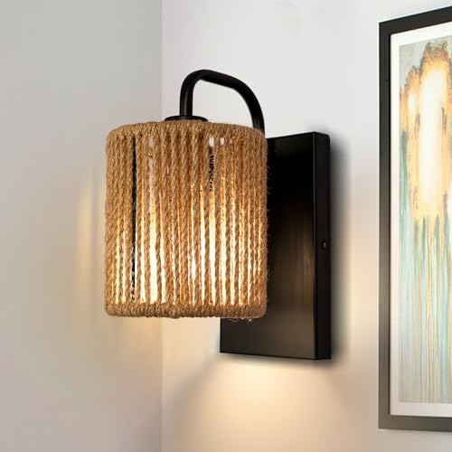 Boho Wall Sconce Rattan Wall Light Fixtures Hemp Rope Sconces - color: Woven Rattan Style