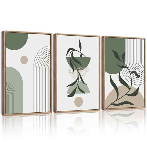 KUVIOKE Boho Wall Art Framed Botanical Modern Plants Wall Printing Green Neutral Abstract Geometric Prints Bohemain Sage Decor for Farmhouse Living Dining Room 16x24in (Natural Framed) - color: Green Bohemain, size: 16 x 24in x 3 Panels Natural