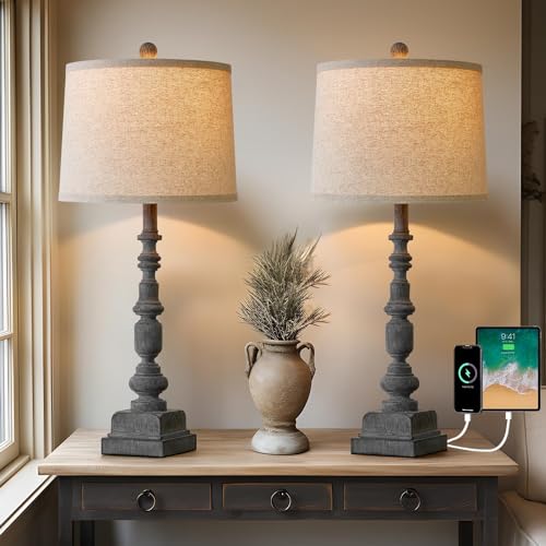 Oneach 27.75" Farmhouse Table Lamps Set of 2 for Living Room, USB A+C Port - color: Gray