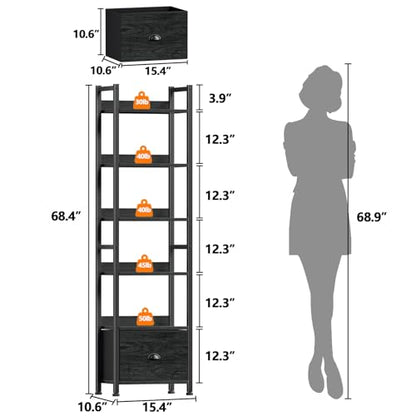 Furologee 6 Tier Bookshelf with Drawer, Tall Narrow Bookcase, Black Oak - color: Black Oak, size: 6 Tier