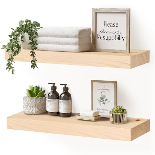 Solid Wood Floating Shelves, 17 Inch Wall Shelves, Set of 2, Wood - color: Wood, size: 17x8x1.6