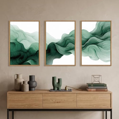 Abstract Emerald Green Waves Framed Canvas Wall Art Set-16"x24"x3 - color: Green Waves Wall Art, size: 16"Lx24"W