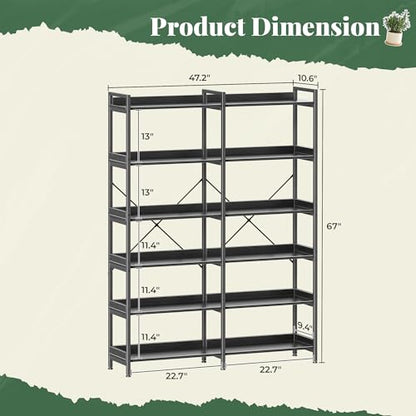 Huuger 6 Tier Bookshelf with 12 Open Shelves and Raised Baffle, Black - color: Black, size: 6 Tier