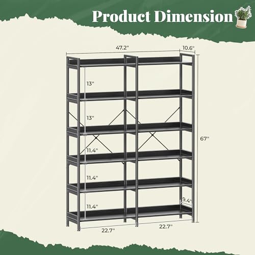 Huuger 6 Tier Bookshelf with 12 Open Shelves and Raised Baffle, Black - color: Black, size: 6 Tier