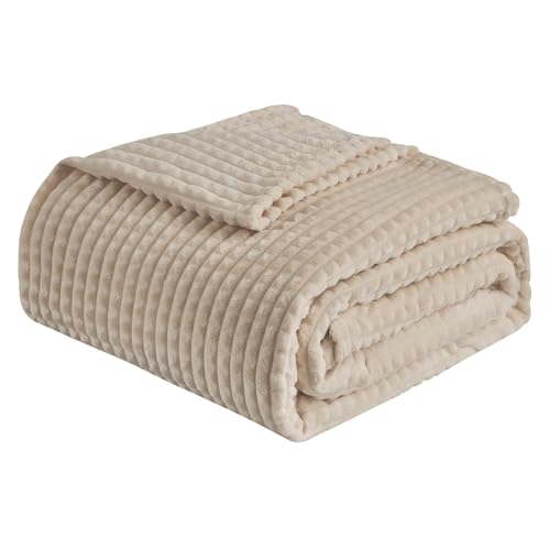 EMME Fleece Blanket Queen Size Luxury Flannel for Couch Bed Sofa Chair, Soft, Plush, Warm and Cozy Blanket with 3D Geometric Grid Design (Beige, 80'' x 90'') - color: 01-grid-beige, size: Queen