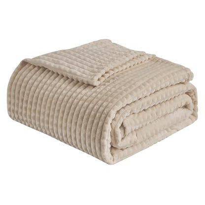 EMME Fleece Blanket Queen Size Luxury Flannel for Couch Bed Sofa Chair, Soft, Plush, Warm and Cozy Blanket with 3D Geometric Grid Design (Beige, 80'' x 90'') - color: 01-grid-beige, size: Queen
