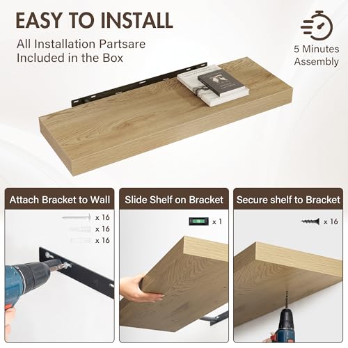 Acovy 36 Inch Floating Shelves, 12" Deep Floating Shelf Wall Mounted, 36" Wall Shelves, Rustic Deep Bookshelf, Extra Deeper & Thicker Display Shelves for Bedroom, Living Room, Oak, Set of 2 - color: Oak, size: 12"Wx36"L-2pcs