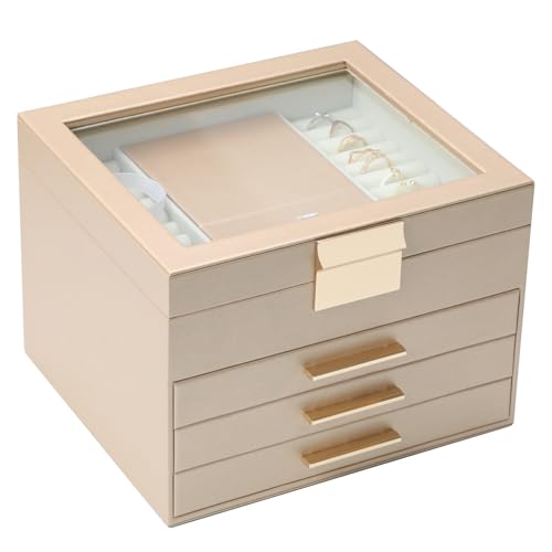 BOOVO Clear Lid Jewelry Box,4 Layers Jewelry Organizer Large Jewelry Storage Box with 3 Drawers,Jewelry Holder Organzier of Rings Earrings Necklace Bracelets for Women (Champagne, 4 Layer) - color: Champagne, size: 4 Layer