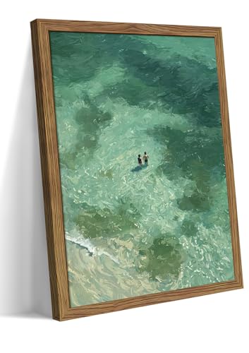 Vintage Green Coastal Wall Art, Nature Minimalist Ocean Aesthetic Canvas Wall Decor Painting, Abstract Coastal Swimmers Artwork Prints Pictures for Bathroom Bedroom 16x24 Inch Wood Framed - color: Green Ocean, size: 24"L x 16"W