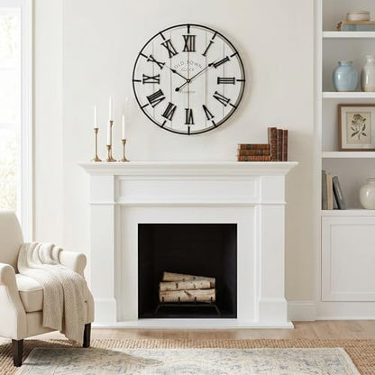 EMAX HOMELarge 24 Inch Farmhouse Style Wall Clock, Distressed Wood Look, Non-Ticking Quartz Movement, Classic Black Roman Numerals and Metal Frame, for Living Room Wall, Bedroom - color: White, size: 24 Inch Roman numerals