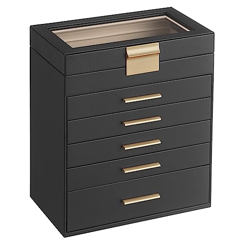 SONGMICS Jewelry Box Organizer, 6-Layer Storage with 5 Drawers, Glass Lid - color: Ink Black + Gold, size: 6 Layer (6.4"d X 9.9"w)
