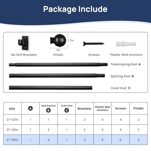 ENJOYBASICS 2 Pack 48-84" No Drill Curtain Rods, Renter Friendly, Black - color: Black, size: 27-90"