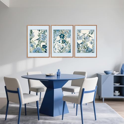 Aurlan 3 Pcs Blue Birds Flowers Framed Canvas Wall Art 24x36 Inch - color: Blue Birds on Botanical, size: 24"L x 36"W
