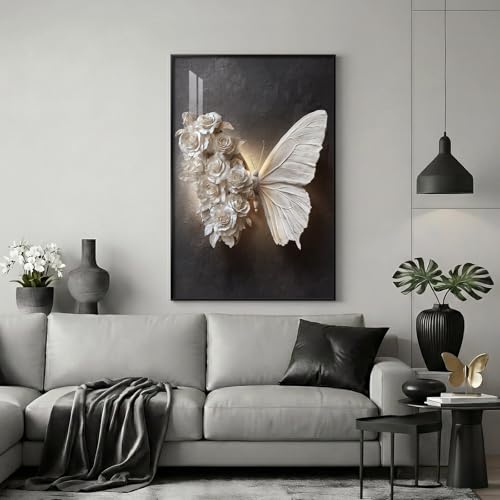 Large Framed Black and White Butterfly Floral Wall Art, 1 Piece 24x36 In - color: Black White Butterfly