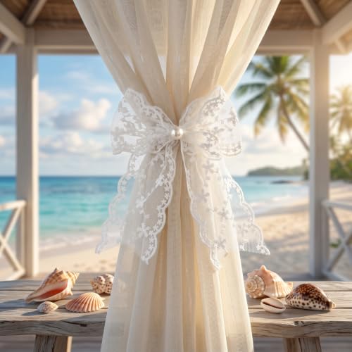 White Lace Bow Curtain Tiebacks 6-Pack, Vine Floral Curtain Holdbacks - color: White Vine Floral