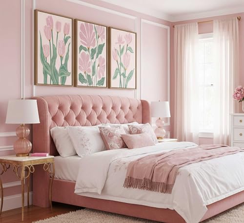 Framed 3 Pcs Pink Tulips Flowers Canvas Wall Art - color: Framed-Tulips, size: 16"L x 12"W