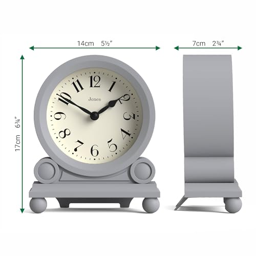 JONES CLOCKS® Maida Vale Mantel Clock | Small Traditional Desk Clock | Gray | Pretty & Charming Ideal for Mantelpiece, Bookshelf or Bedside - color: Clockwork Grey