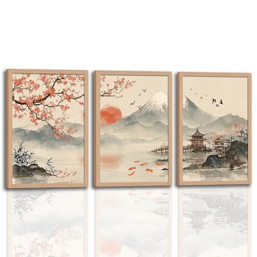 Japanese Sakura Wall Art Set of 3, Mountain Landscape Canvas Prints - color: CherryBlossomMountain, size: 16x24 Inches