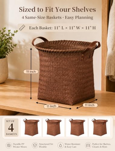 Wicker Storage Baskets, 4 Pack Woven Baskets for Shelves, Brown - color: Round Brown