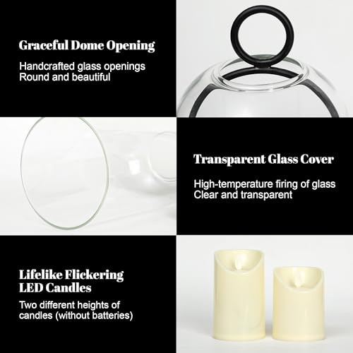 Hurricane Candle Holders Set of 2-10" & 7.8" Black Metal Base with Glass Dome, Includes 2 Pillar Candles, Hanging or Tabletop Centerpiece (Batteries Not Included)