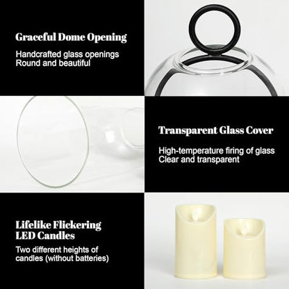 Hurricane Candle Holders Set of 2-10" & 7.8" Black Metal Base with Glass Dome, Includes 2 Pillar Candles, Hanging or Tabletop Centerpiece (Batteries Not Included)