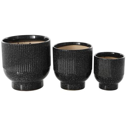 Deco 79 Ceramic Indoor Outdoor Planter Speckled Small Planter Pot with Linear Grooves and Tapered Bases, Set of 3 Planters 9", 8", 6"H, Black