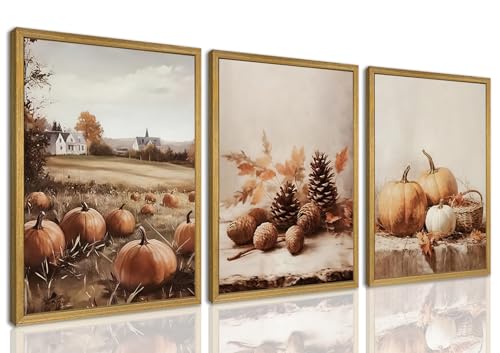 3-piece Framed Autumn Pumpkin Canvas Wall Art, Rustic Farmhouse Fall Harvest Pumpkin Pinecone Acorn Print Picture, Thanksgiving Country Landscape Wall Decor for Living Room Kitchen Bedroom 12x16 inch - color: Fall, size: 16"L x 12"W