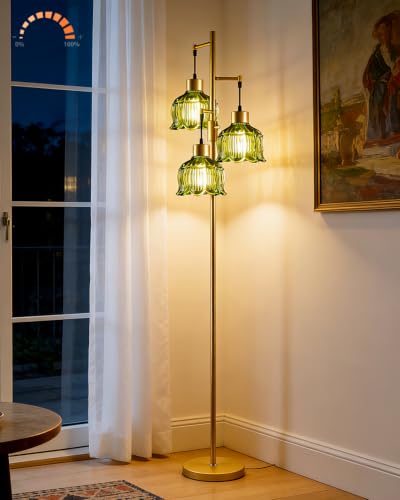 Lightdot Green Glass Floor Lamp Dimmable with LED Bulbs & Flower Shade - color: 3 Green Glass-Gold I