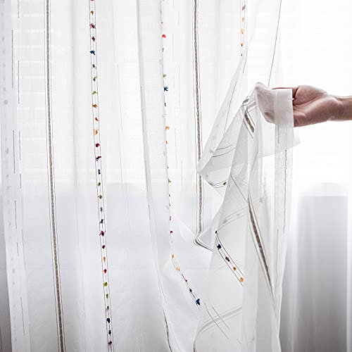 pureaqu Boho Striped Sheer Curtains Pompom Semi Sheer Drape 1PC W39 x L63