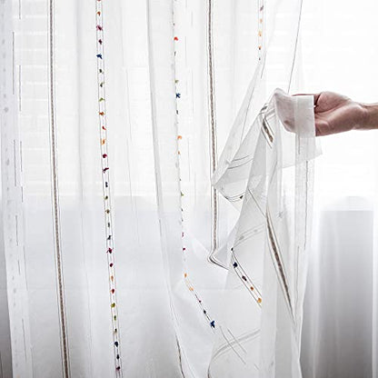 pureaqu Boho Striped Sheer Curtains Pompom Semi Sheer Drape 1PC W39 x L63