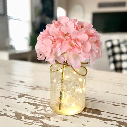 Set of 3 Mason Jar Lights, Pink Hydrangea Holiday Table Decor - color: Jar-pink Hydrangea