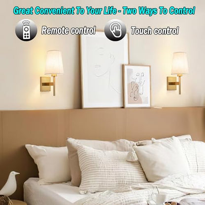 YHCDLAMP Battery Operated Wall Sconces Set of Two,Battery Operated Wall Lights with Remote, Fabric RGB Color Changing Dimmable Wall Lamp for Bedroom Living Room, Easy to Install (Color : Brass) - color: Brass