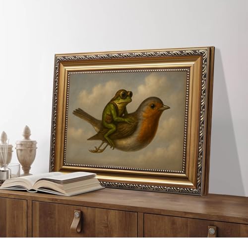 Vintage Gold Framed Wall Art Whimsical Frog Riding Bird Canvas Print - color: Frog Bird, size: 16"L x 12"W
