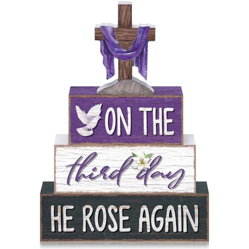 Yousoontic 4 Pcs He Is Risen Easter Tiered Tray Decorations Lent Resurrection Christian Wood Blocks with Cross, Dove, Lily Religious Farmhouse Table Decor for Spring, Holy Week, Easter Display - style: He is Risen