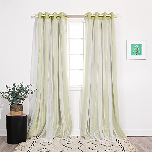 Best Home Fashion Set of 2 Lace Tulle Overlay Thermal Insulated Solid Blackout, Stainless Steel Nickel Grommet Window Panels for Bedroom, Living Room, Dining Room - 52" W x 63" L, Sage - color: Sage, size: 52"W x 63"L (Pack of 2)
