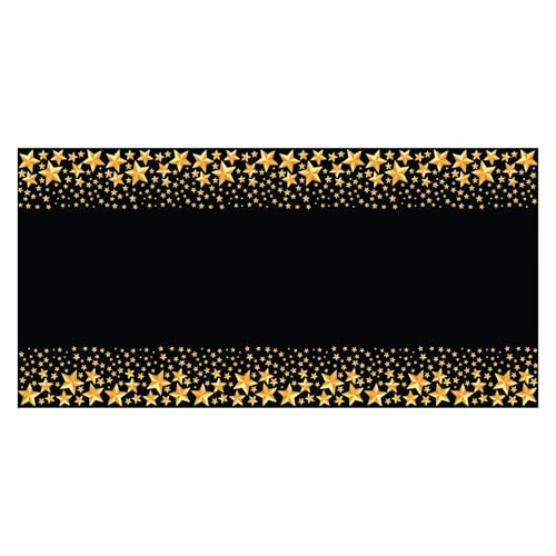 BASHOUT New Year's Eve Party Plastic Tablecloth | 3 Pcs Pack (54” Wide x 108” Long) | Black Rectangular Table Cover with Gold Stars | Anniversary, Graduation Table Decorations | New Years Eve Decor