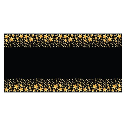 BASHOUT New Year's Eve Party Plastic Tablecloth | 3 Pcs Pack (54” Wide x 108” Long) | Black Rectangular Table Cover with Gold Stars | Anniversary, Graduation Table Decorations | New Years Eve Decor