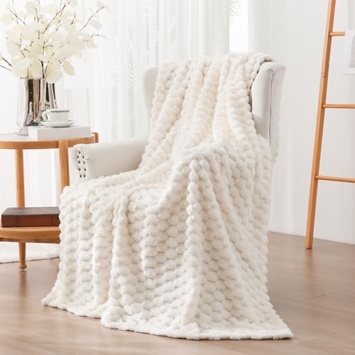Vessia Flannel Fleece Twin Blanket, 3D Jacquard Cream Fuzzy and Warm Blanket for Couch, Sofa, Bed, 300GSM Super Soft Touch Cozy Home Decor for All Seasons (60x80 inches) - color: Cream, size: 60x80inch