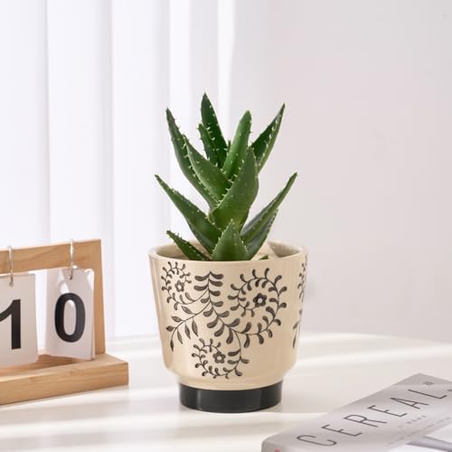STHIE Indoor Ceramic Plant Pots with Drainage Holes, 5 Inch, Leaf Design - color: Beige-rattan
