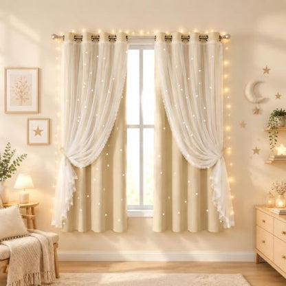 Beige Kids Star Cutout Curtains for Bedroom 70" W x 72" L 2 Panels - color: Beige, size: 70"W x 72"L (Pack of 2)