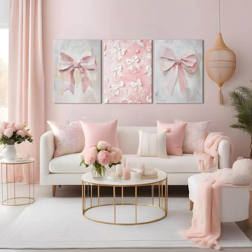 Pink Bow Canvas Wall Art Set of 3 Coquette Oil Painting Cute Bow Posters Wall Decor Trendy Preppy Print Picture for Back to School Bedroom Bathroom College Dorm 16x24 In Framed - color: Oil Bow, size: 24L"x16W"