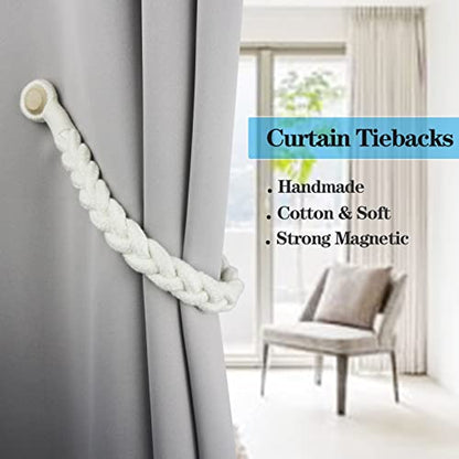 Magnetic Soft Curtain Tiebacks Rope Cotton Window Curtain Holdbacks Porlau - color: Cream, size: 4 Pack