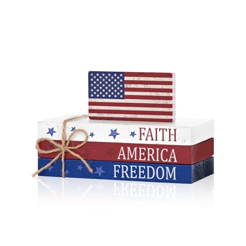 Smile Patriotic Wooden Block Stack with American Flag Decor, 4-Piece "Faith America Freedom" Tiered Tray Tabletop Sign for 4th of July & Memorial Day - style: Flag