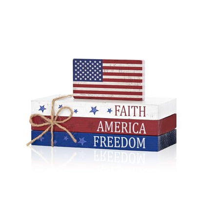 Smile Patriotic Wooden Block Stack with American Flag Decor, 4-Piece "Faith America Freedom" Tiered Tray Tabletop Sign for 4th of July & Memorial Day - style: Flag